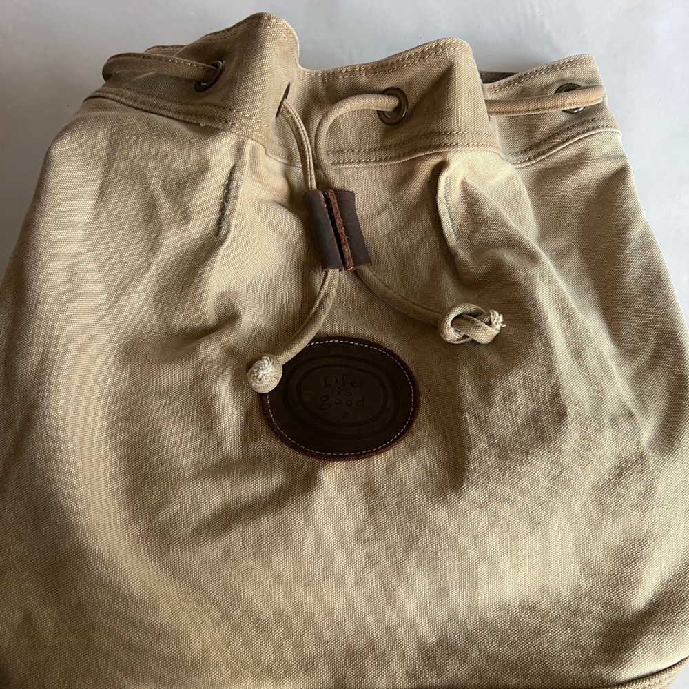 Life is Good Canvas Bucket Backpack Khaki Cotton Leather Trim Drawstring Bag - Picture 11 of 16